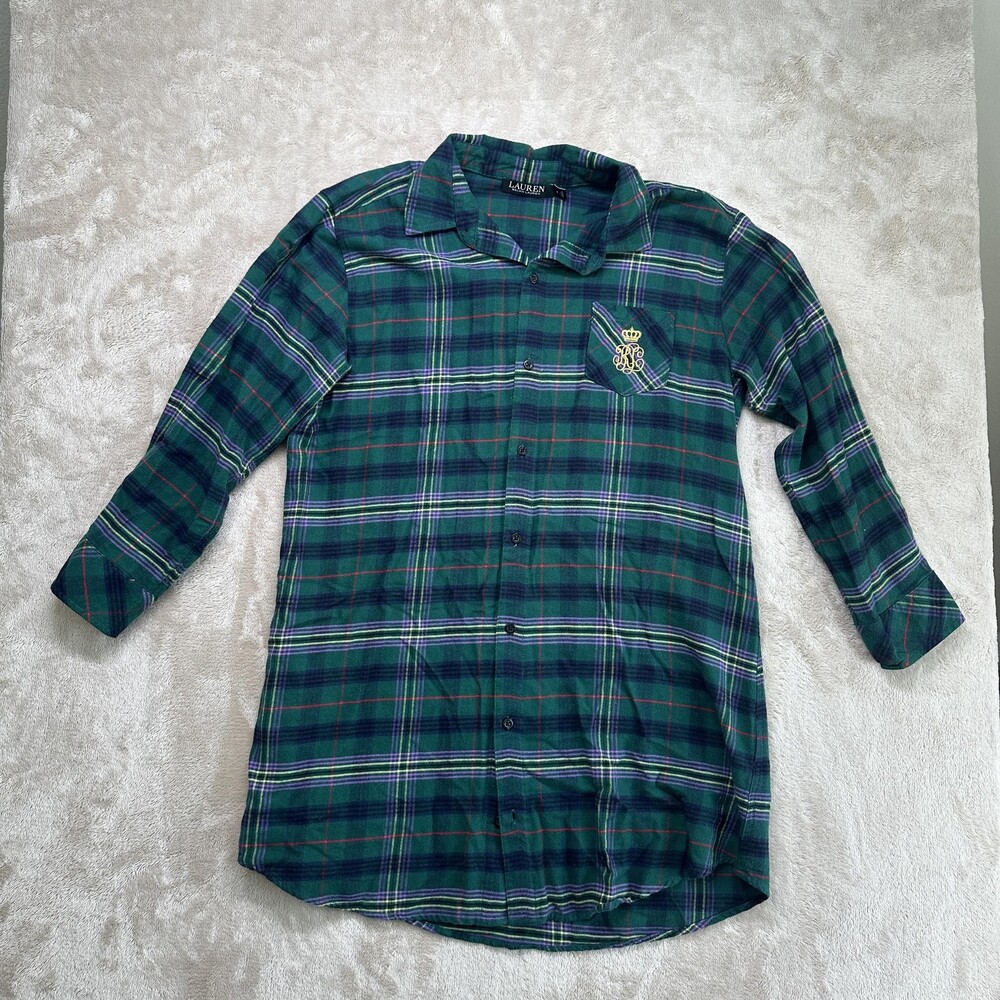 Lauren Ralph Lauren Shirt Womens Medium Green Plaid Flannel RL Crest Pocket